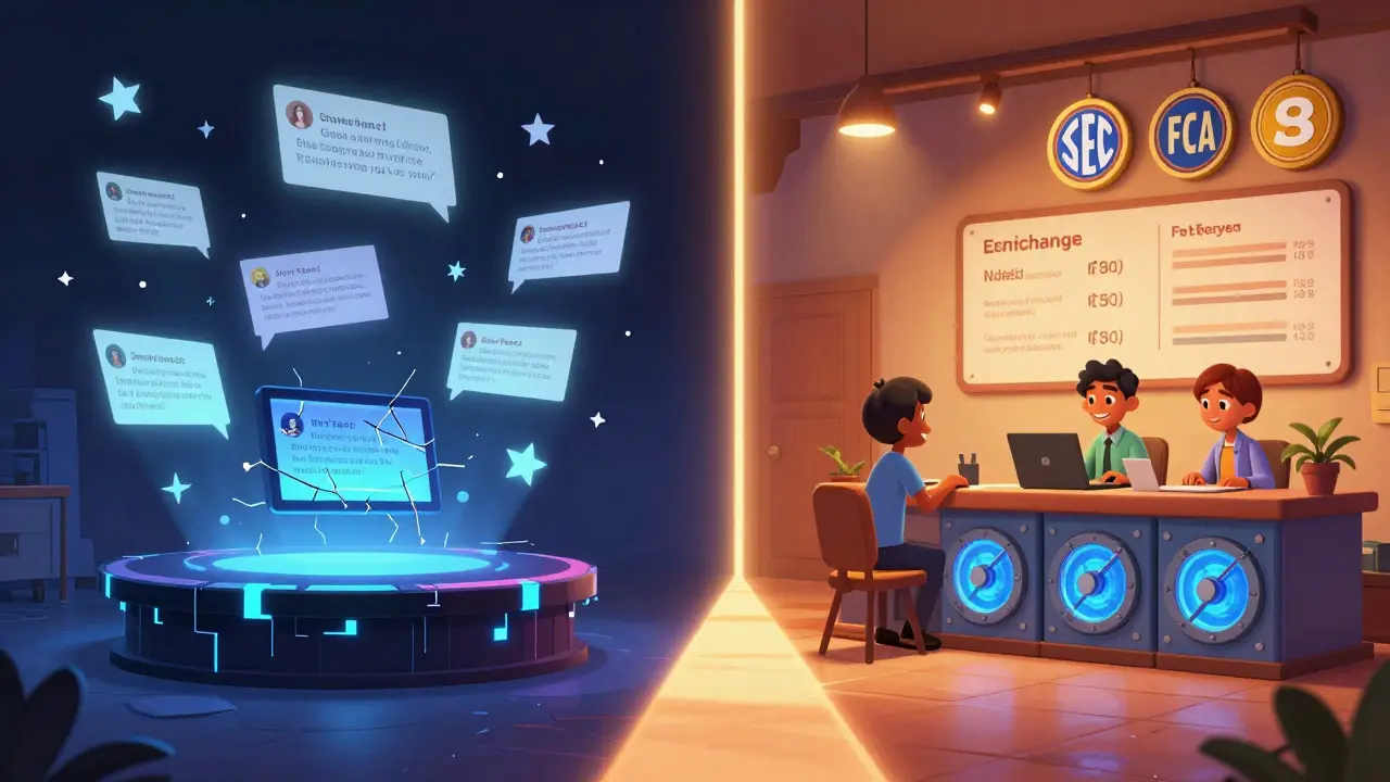 A side-by-side scene contrasting a glitchy scam exchange with a trustworthy, well-lit legitimate crypto hub.