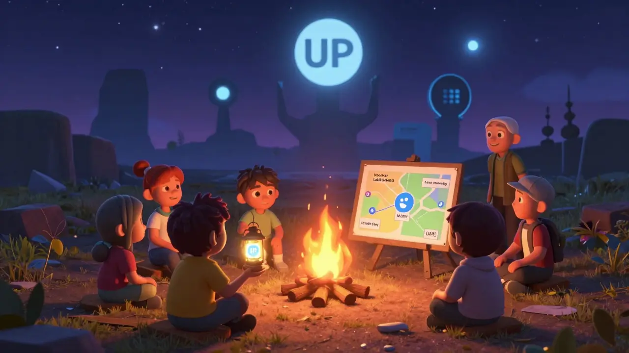 A small group of token holders gathered around a campfire of smart contracts, lit by a UP token lantern under a blockchain sky.