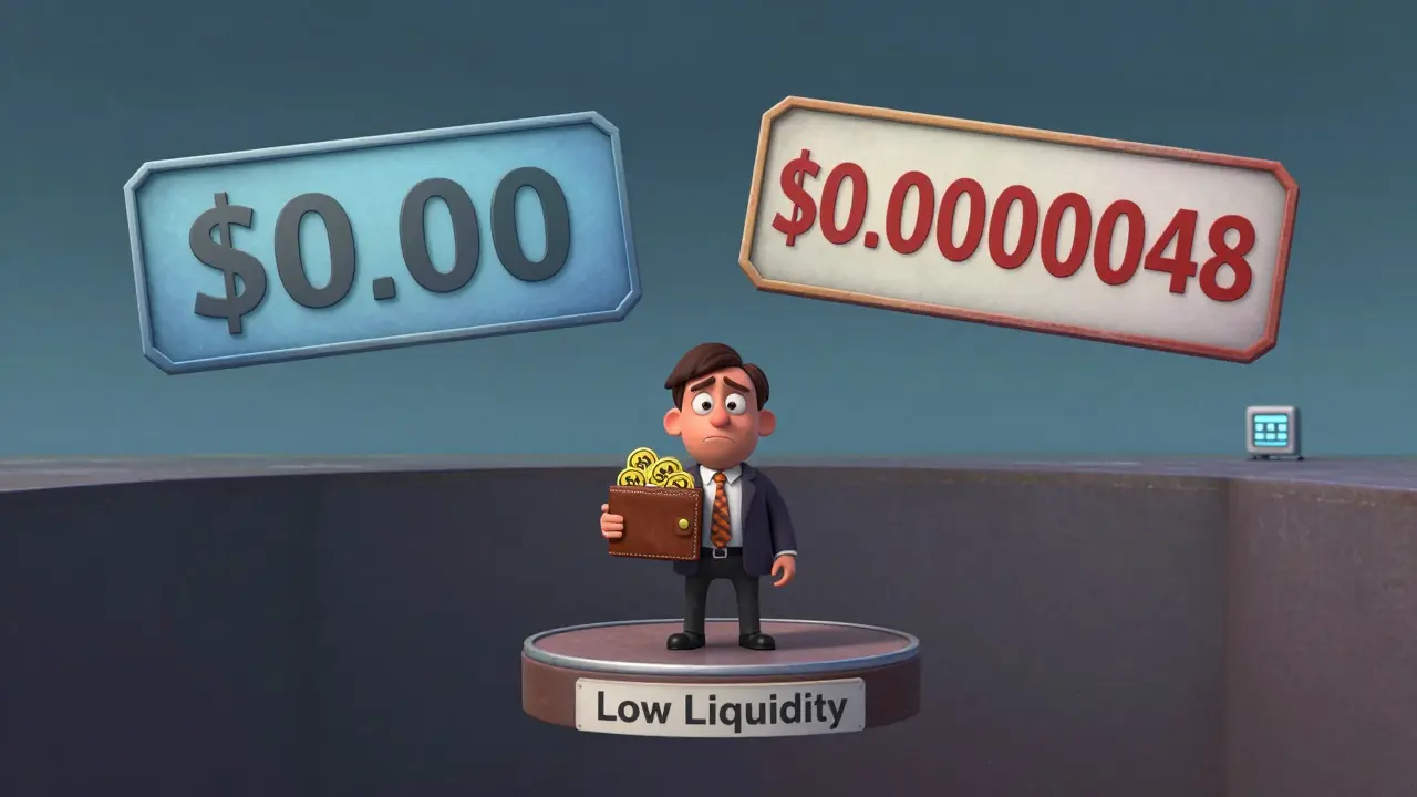 A small investor stands on a fragile platform above a pit labeled 'Low Liquidity' with conflicting price tags above.