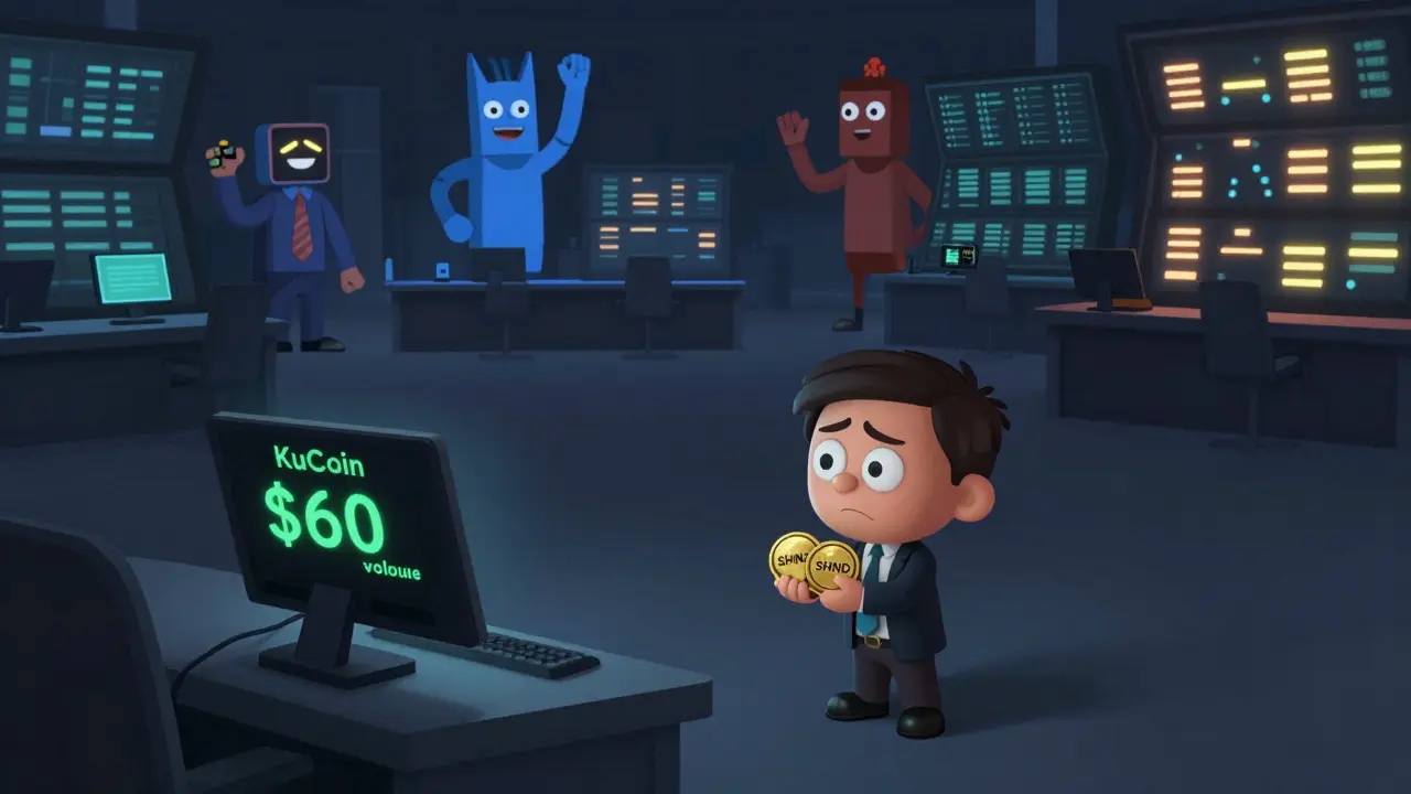 A small investor surrounded by inactive trading terminals, while vibrant crypto projects thrive in the distance.