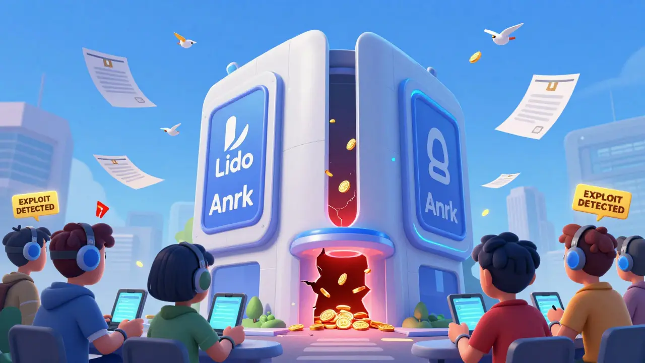 A smart contract building leaks ETH coins as users panic over an exploit alert.