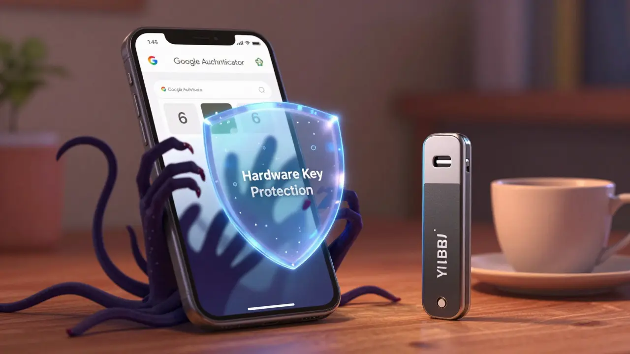 A smartphone under attack by malware tentacles, while a sturdy hardware key glows safely beside it.