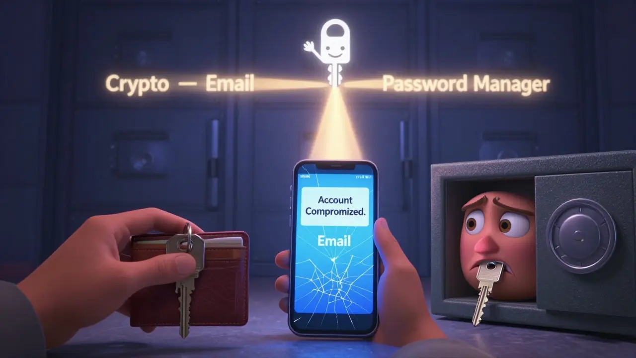 A user holds two hardware keys, one in a safe and one in a wallet, as secure vaults light up in the background.