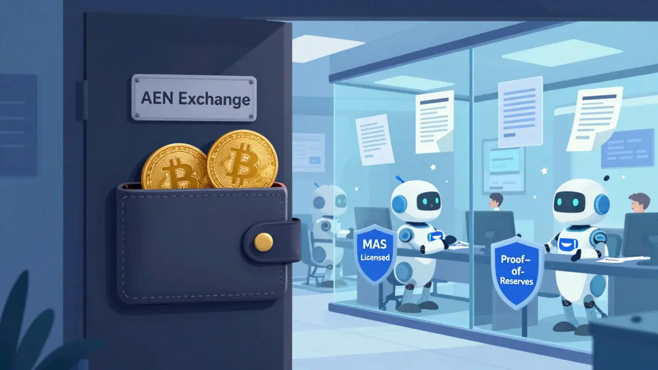 A wallet nervously approaching a shadowy door labeled AEN Exchange, while a transparent, secure exchange hub welcomes users with audits and support bots.