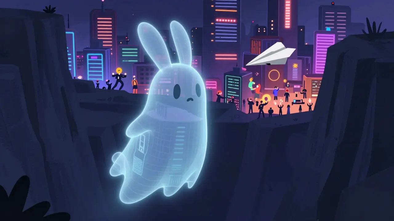 An abandoned BunnySwap building floats in darkness while a bustling Uniswap city glows brightly in the background.