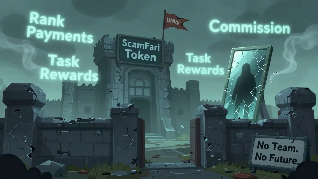 An abandoned digital fortress labeled 'ScamFari Token' crumbles with ghostly fake utility phrases fading away.