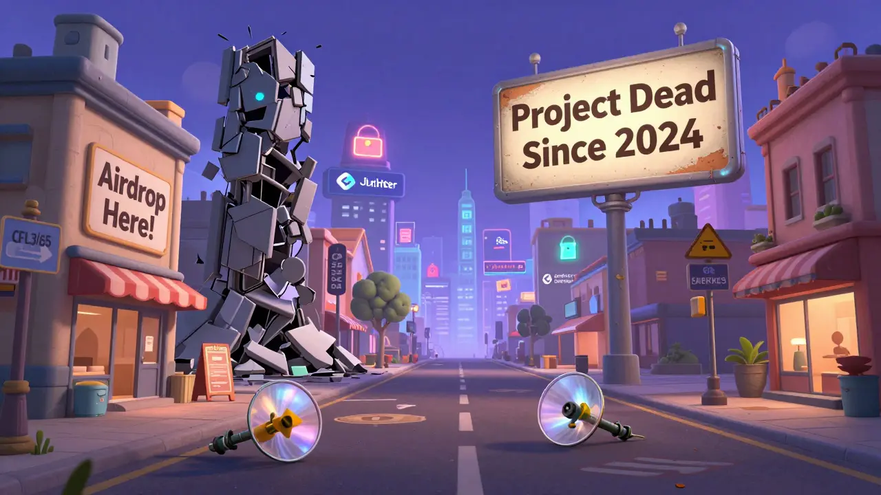 An abandoned digital town with zero trading volume signs and faded project logos, while real crypto projects shine in the distance.