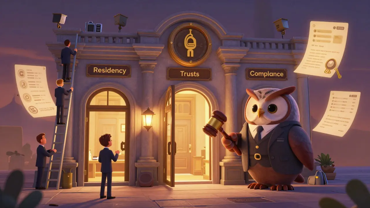 An intricate crypto vault building is guarded by a wise owl lawyer, with glowing keys and transaction logs floating nearby.