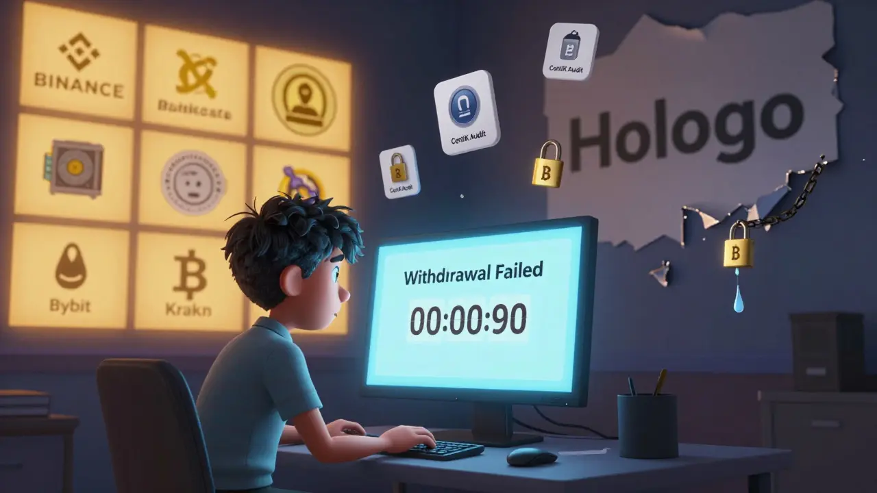 An investor seeing a failed withdrawal, surrounded by locked safety measures and fading trusted exchanges.