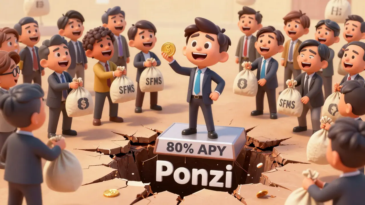 Cartoon investors handing money to a smiling CEO as a pit labeled 'Ponzi' opens beneath them.