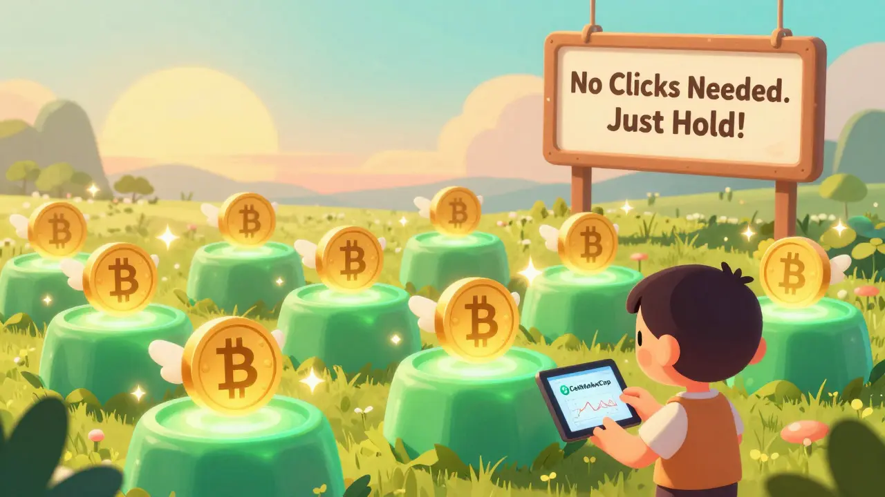 Cartoon THOREUM tokens staking peacefully in glowing pods, with CoinMarketCap displayed as a price chart, no airdrop involved.