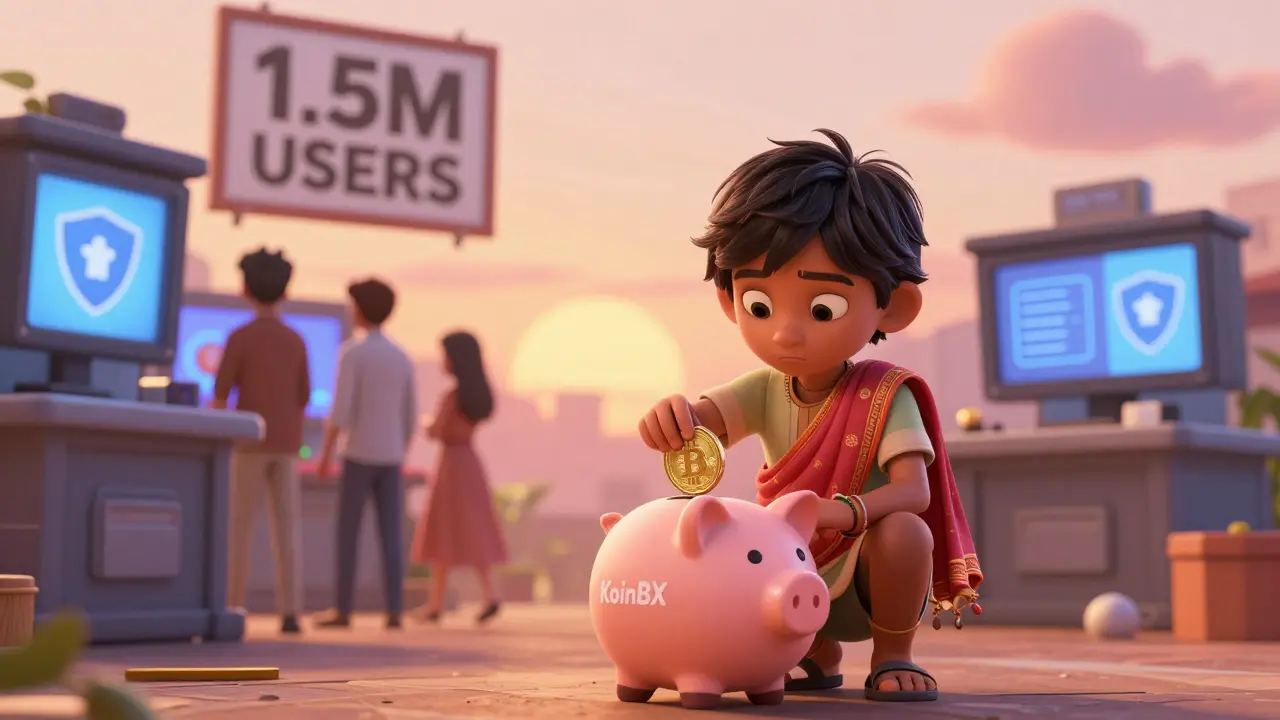 Child putting a Bitcoin into a KoinBX piggy bank while adult traders walk away from a misleading user count sign.