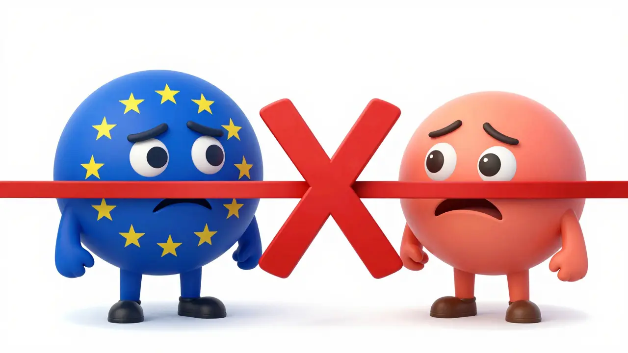 Cross-border transaction blocked by red X barrier between EU and non-compliant region.