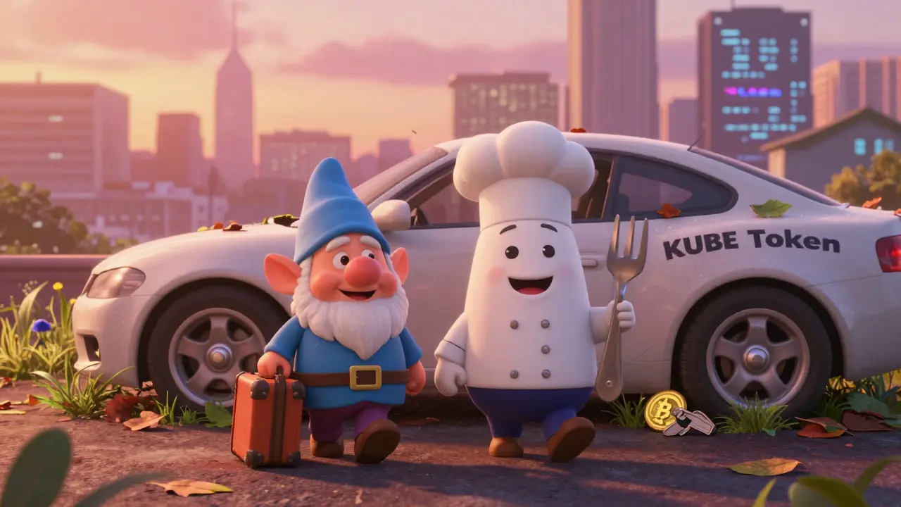 FlyKube and EatKube mascots walk away from a parked car labeled 'KUBE Token' overgrown with weeds.