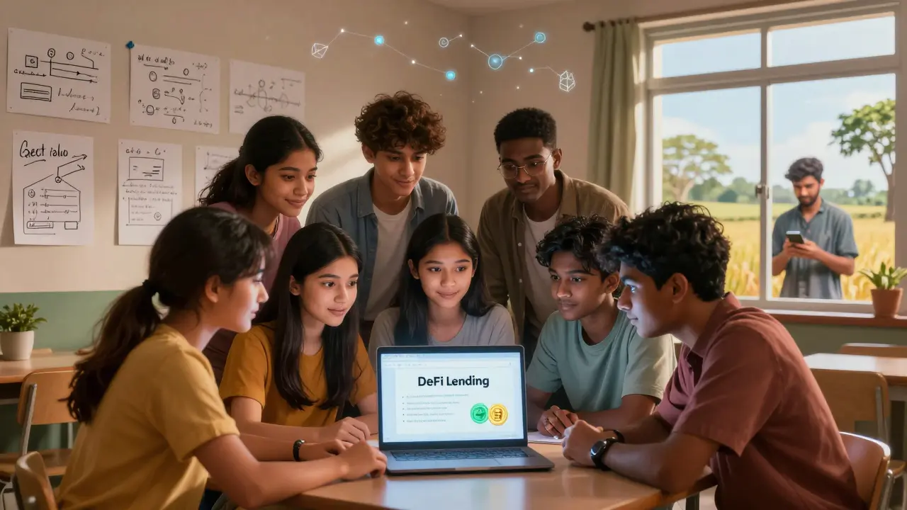 Indian students in a dorm building a DeFi platform, with rural farmers using stablecoins for loans visible through the window.