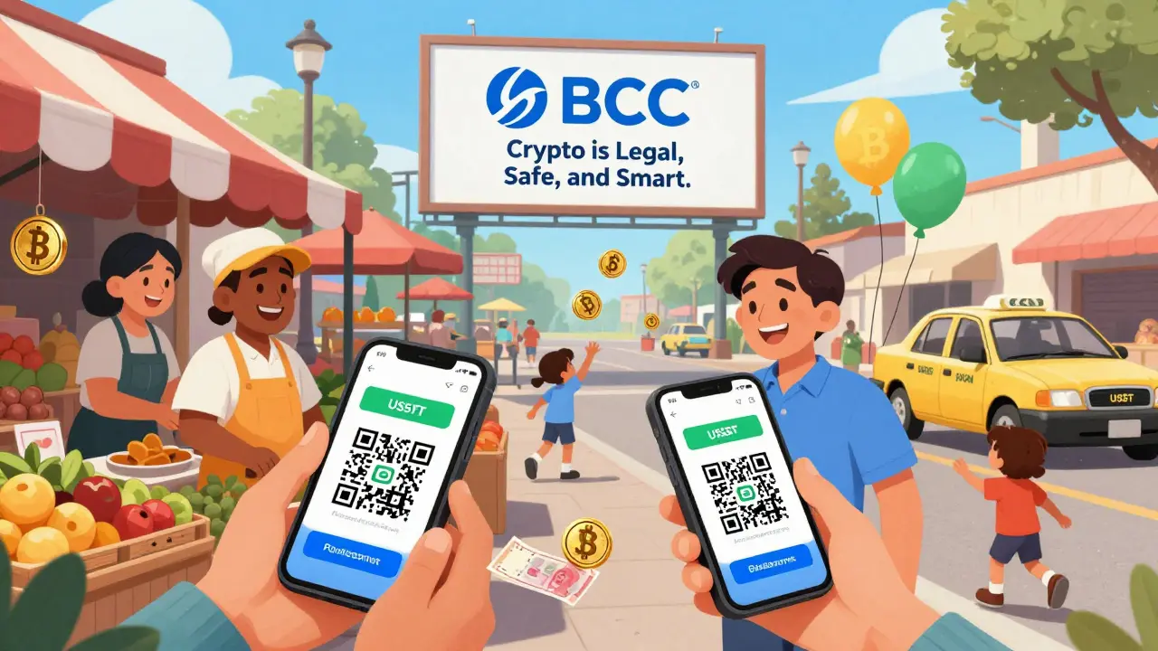 Market vendors in Bolivia accepting USDT payments via QR codes, with a BCB billboard declaring crypto is legal and safe.