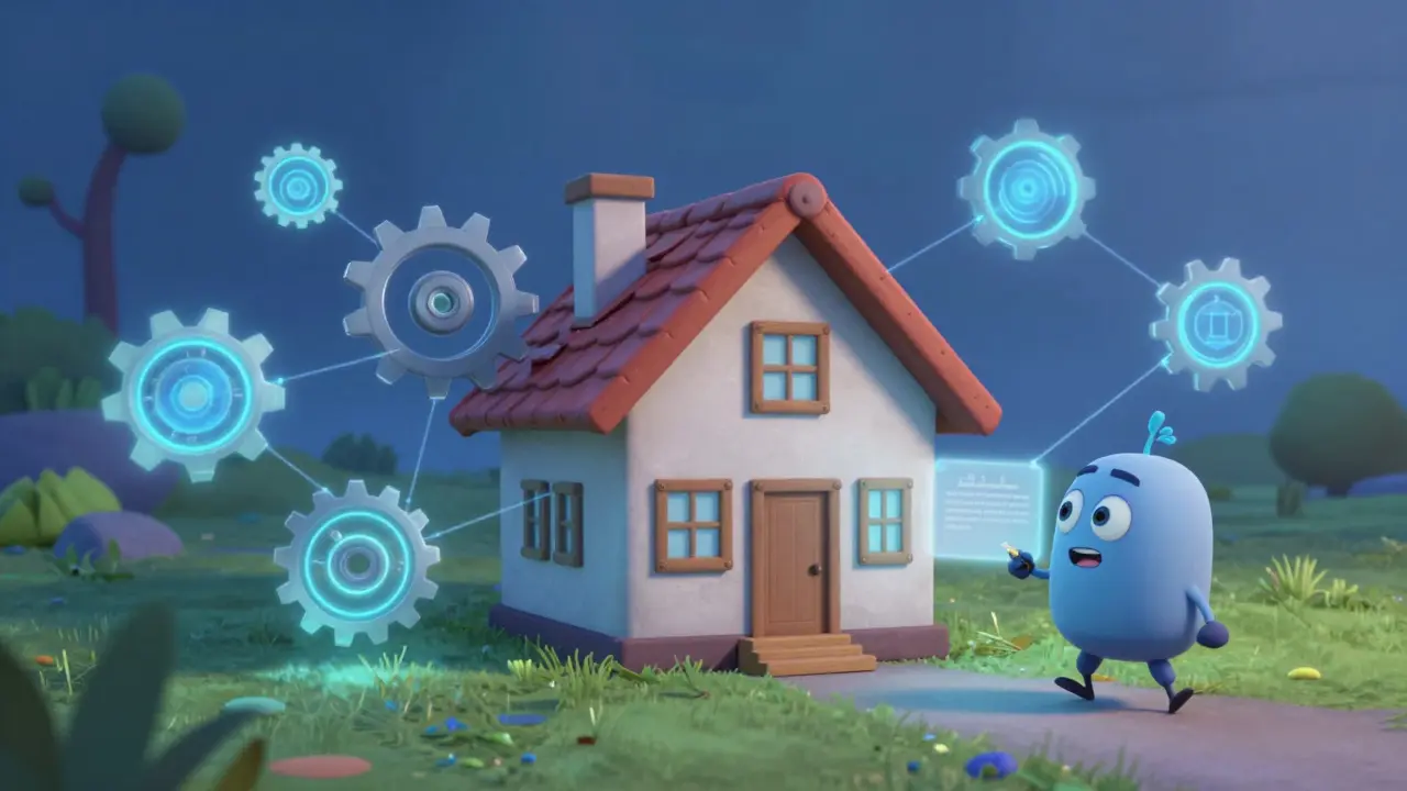 Smart contracts automating real estate steps with digital gears and blockchain nodes