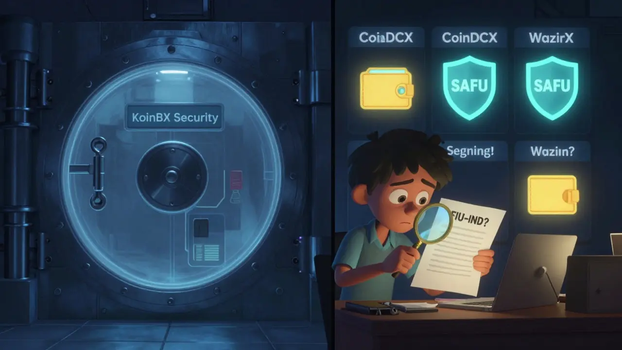 Split scene showing KoinBX's hidden security vs. competitors' transparent safety features with a confused user examining documents.