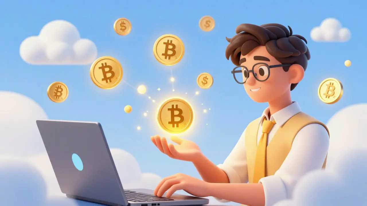 Trader sending stablecoin transfers via cloud network, currency conversion.