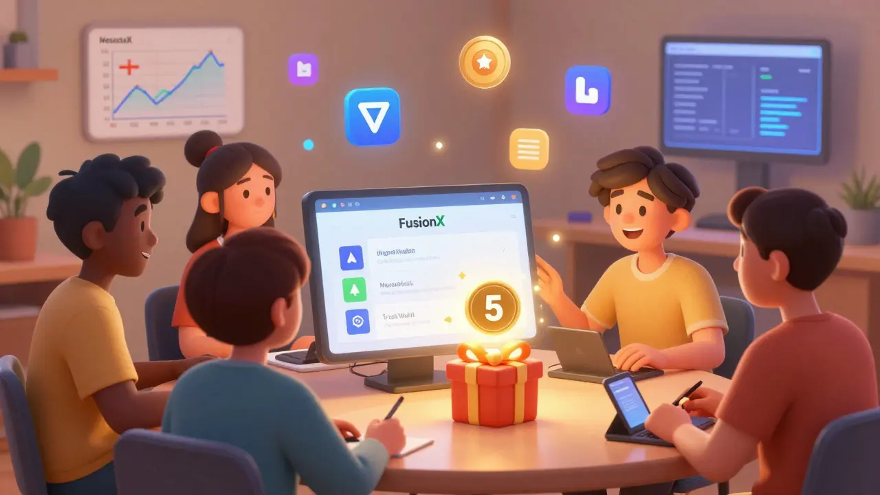 Users connecting wallets to a glowing FusionX exchange while receiving FLUX tokens from a CoinMarketCap badge.