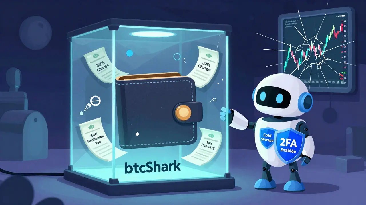 A cartoon wallet trapped in a cage with high fees floating around, while a helpful robot offers protection.