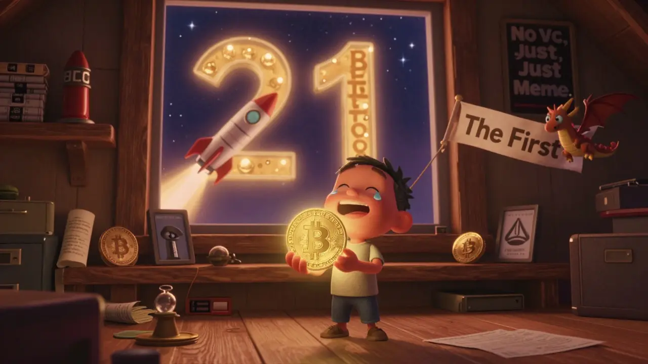 A collector holding a RUNECOIN coin like a vinyl record in a cozy attic filled with Bitcoin memorabilia.