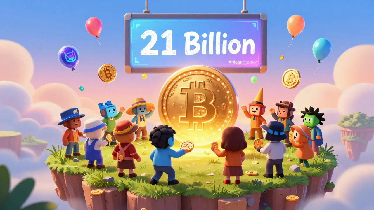 A community of digital avatars celebrating around a glowing RUNECOIN treasure chest on a floating Bitcoin island.
