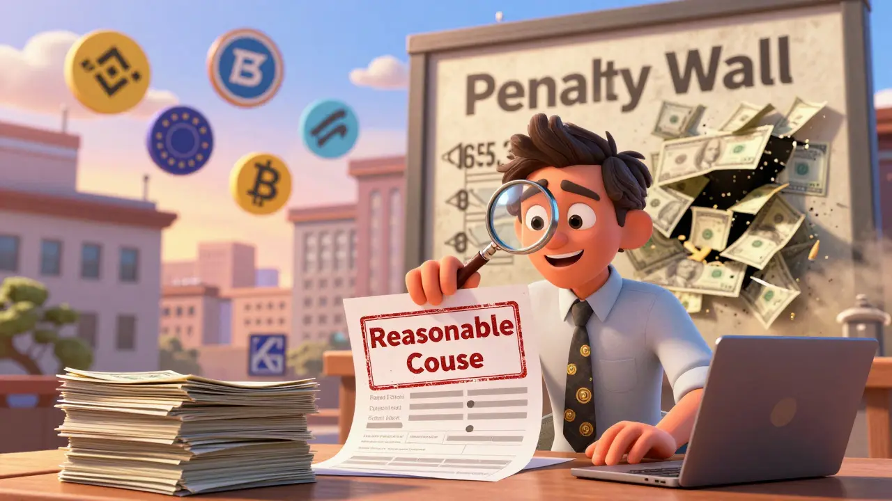 A CPA helps a client destroy penalty bills, with foreign crypto exchange logos in the background.