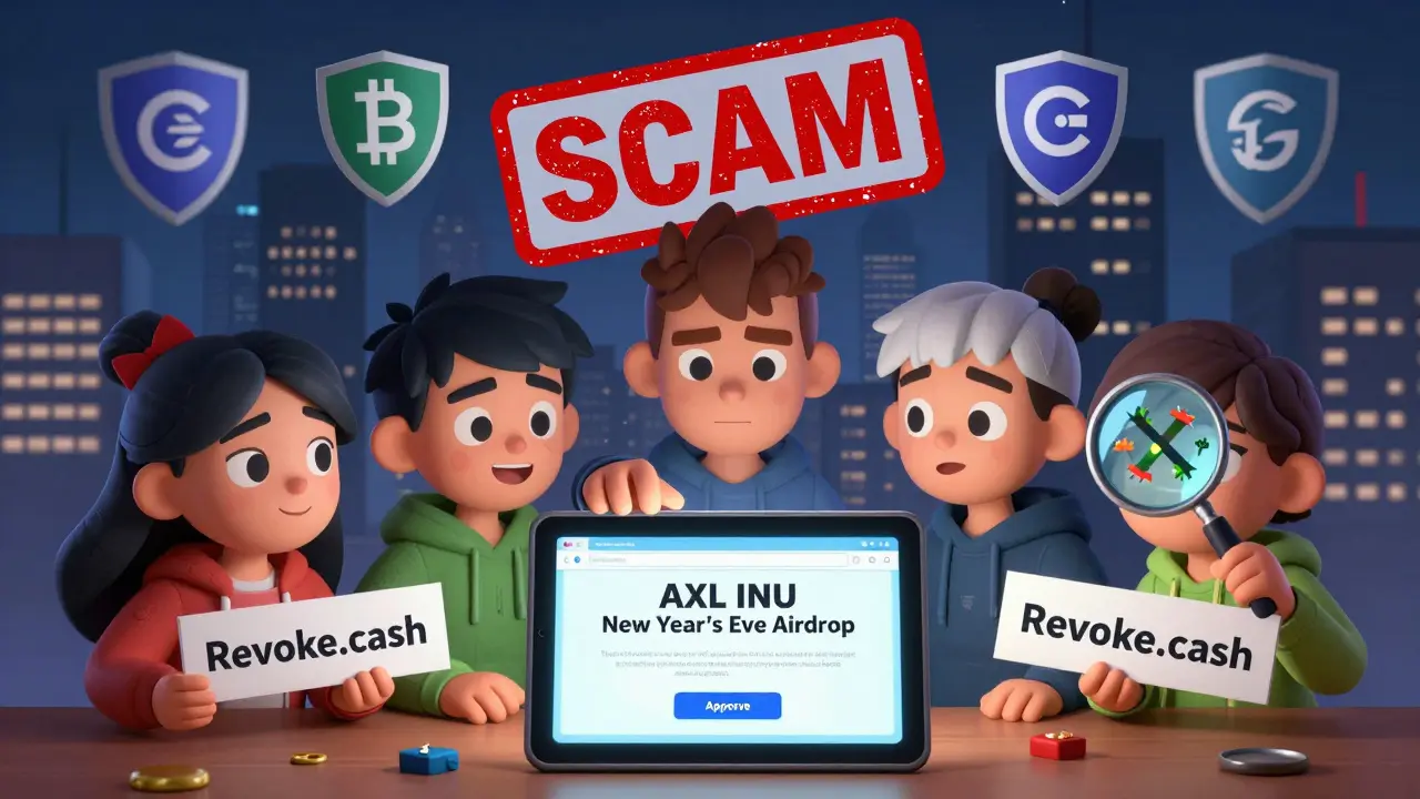 A family of wallets gathered around a fake airdrop website, one about to click 'Approve', as a giant 'SCAM' stamp looms over a crypto skyline.