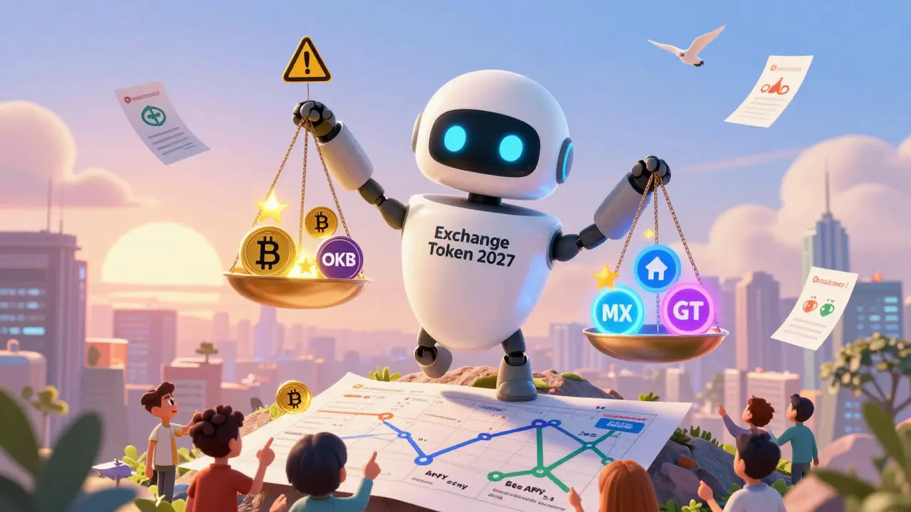 A friendly robot balancing exchange tokens on a scale, with regulatory warnings on one side and utility icons on the other, under a blockchain city skyline.