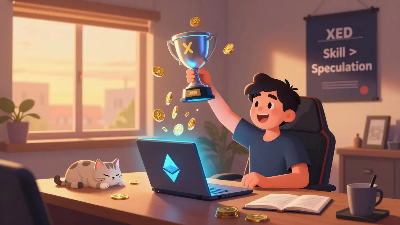 A gamer celebrating as XED tokens flow into their wallet, with a cat sleeping nearby.