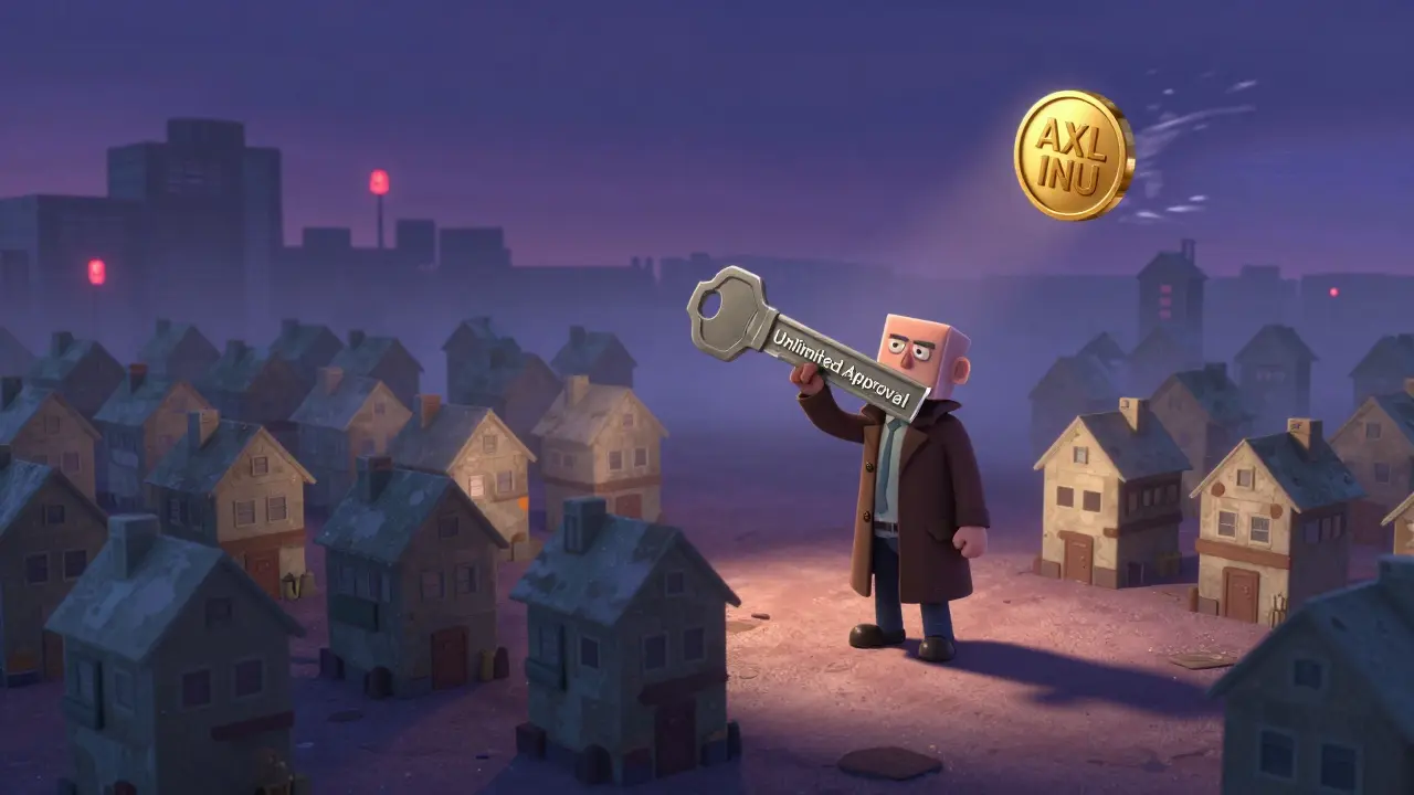 A ghost town of wallets under a twilight sky, with a scammer holding a giant approval key.
