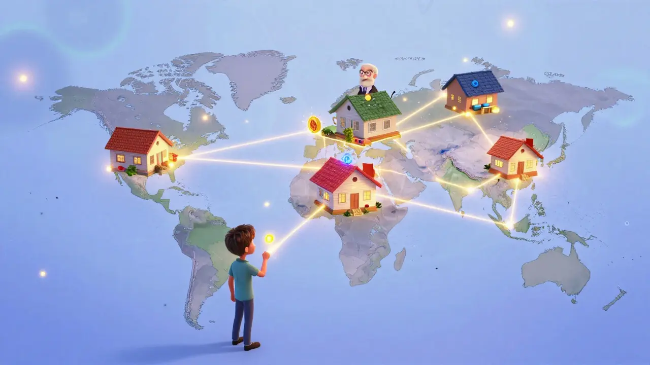 A global map shows glowing links between homes and labs as GPU tokens flow between users, symbolizing decentralized AI computing.