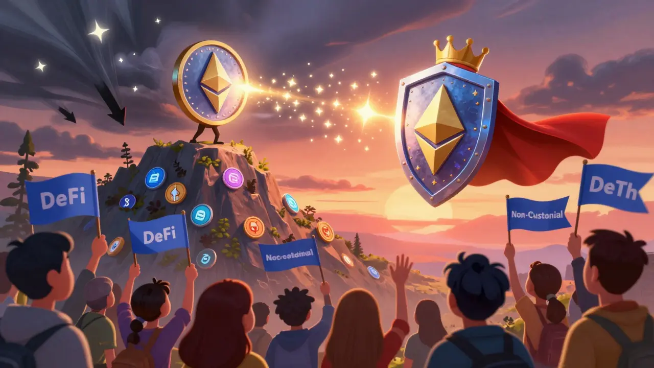 A heroic osETH token stands on a mountain, absorbing slashing arrows with its shield as users celebrate below.