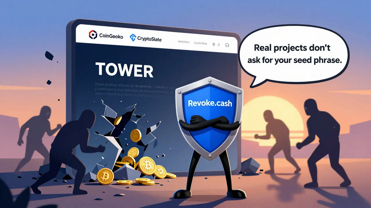 A heroic wallet blocking a collapsing fake TOWER site, with scammer figures fleeing in the background.