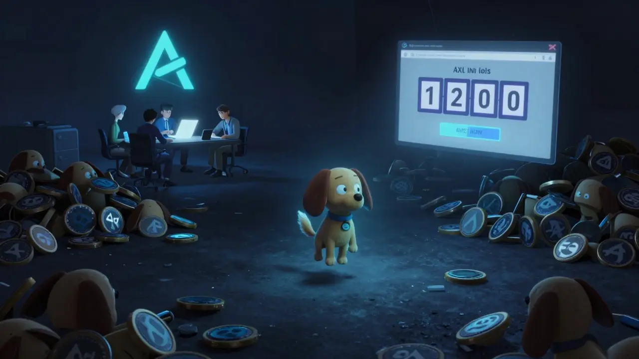 A lonely AXL INU token floating in a dark blockchain void among piles of discarded tokens, while a real crypto project shines brightly in the distance.