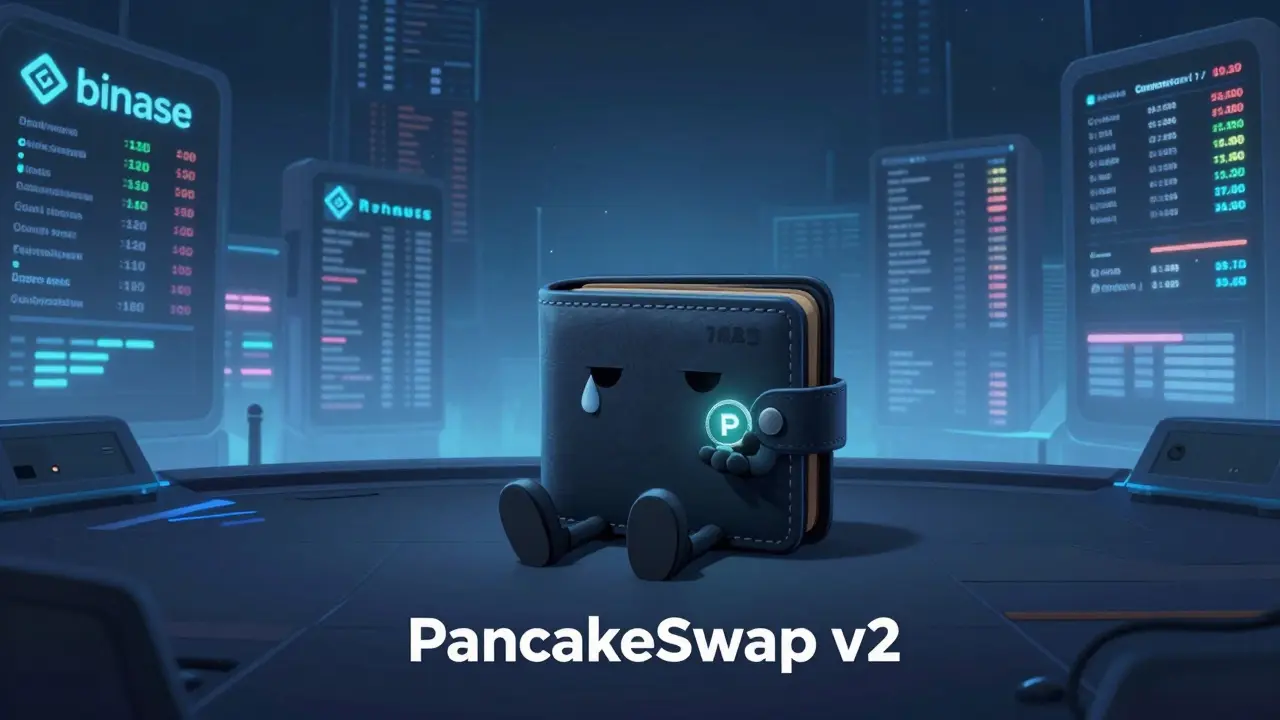 A lonely wallet sitting alone on an empty trading platform, holding a tiny glowing PAXE token while major exchanges shine in the distance.