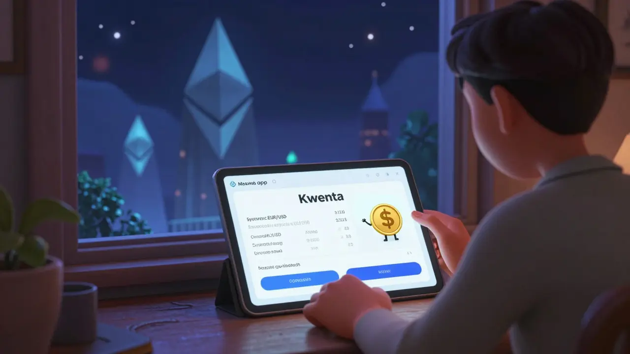A person using Kwenta on a tablet at home, with a glowing sUSD coin and blockchain in the background.