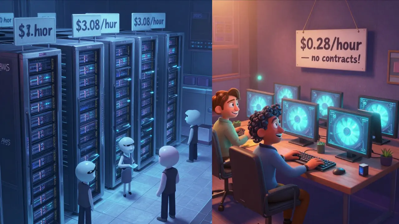 A playful side-by-side: corporate server farm vs. friendly home GPUs, highlighting Node AI's low cost and no-contract advantage.