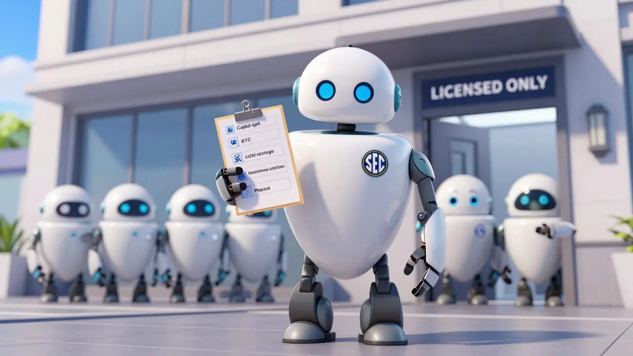 A regulatory robot in SEC uniform checking compliance requirements while unlicensed crypto platforms struggle to enter a licensed doorway.