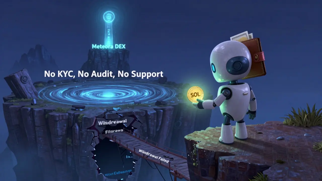 A small robot with a wallet head hesitates at a cliff overlooking a dark vortex labeled 'No Audit', while Meteora DEX shines safely in the distance.