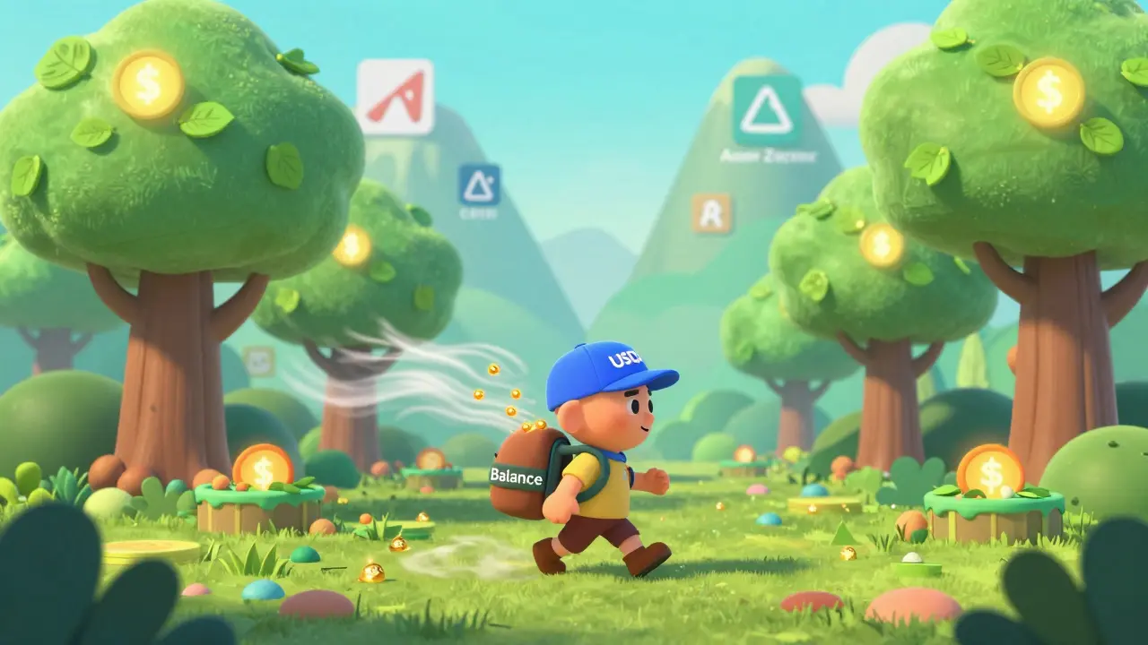 A tiny adventurer in a USDC+ hat walks through a forest of lending pools, with yield particles floating around their changing balance.