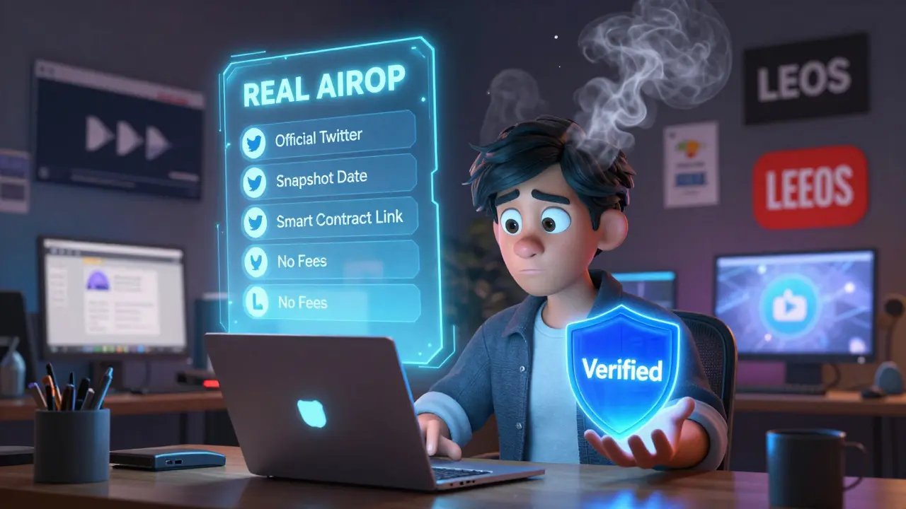A user recognizes a real airdrop checklist as fake LEOS scams vanish behind them in a chaotic room.