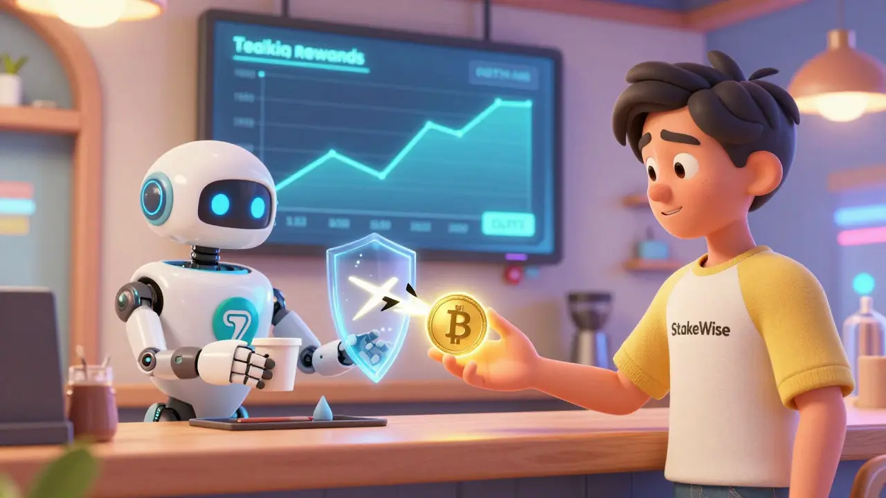 A user uses an osETH token to pay for coffee at a futuristic DeFi café, while a shield blocks a slashing attack.