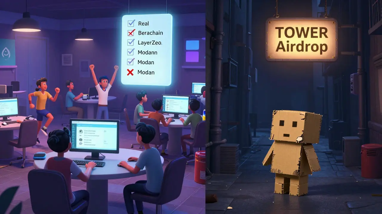 A vibrant community of real crypto users contrasted with a dark alley featuring a crumbling TOWER sign.