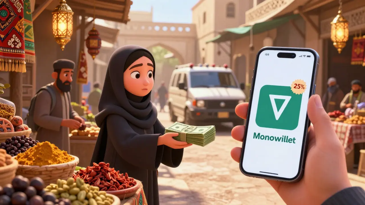 A woman in a burqa exchanges cash for crypto behind a spice stall, with police vans in the background.