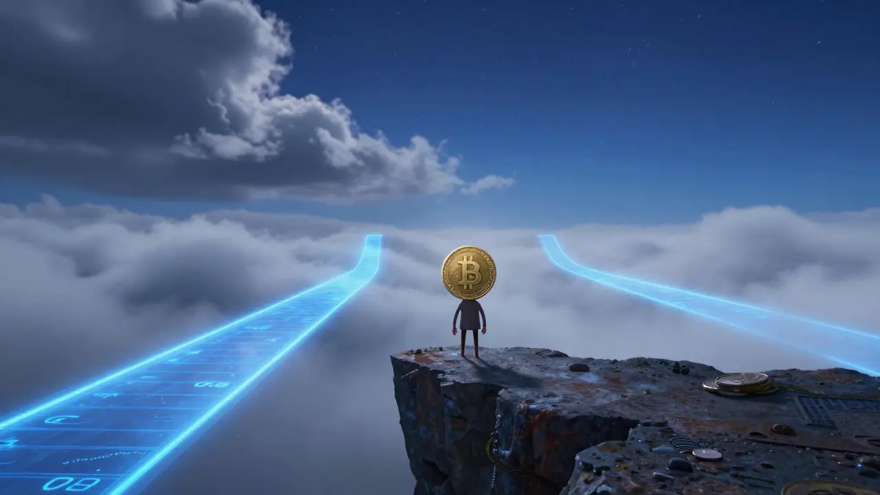 An animated coin character standing at a fork in the road between stable and risky paths