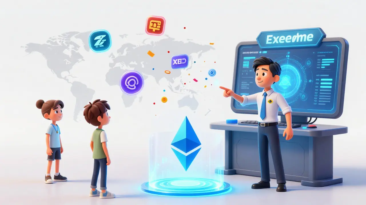 An organizer triggering automatic XED payouts to players worldwide via a glowing blockchain interface.