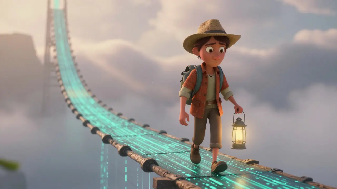 Careful traveler walking on a bridge of digital data streams.