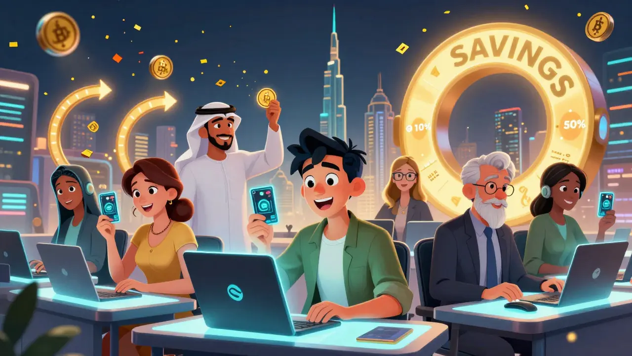Cartoon traders using different exchange tokens, with burn counters and utility icons visible in a futuristic, colorful environment.